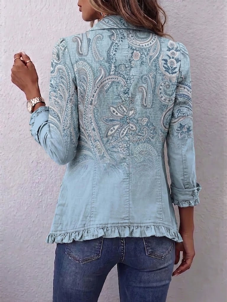 Émilie | Giacca Vintage Paisley Blu Cielo con Volant