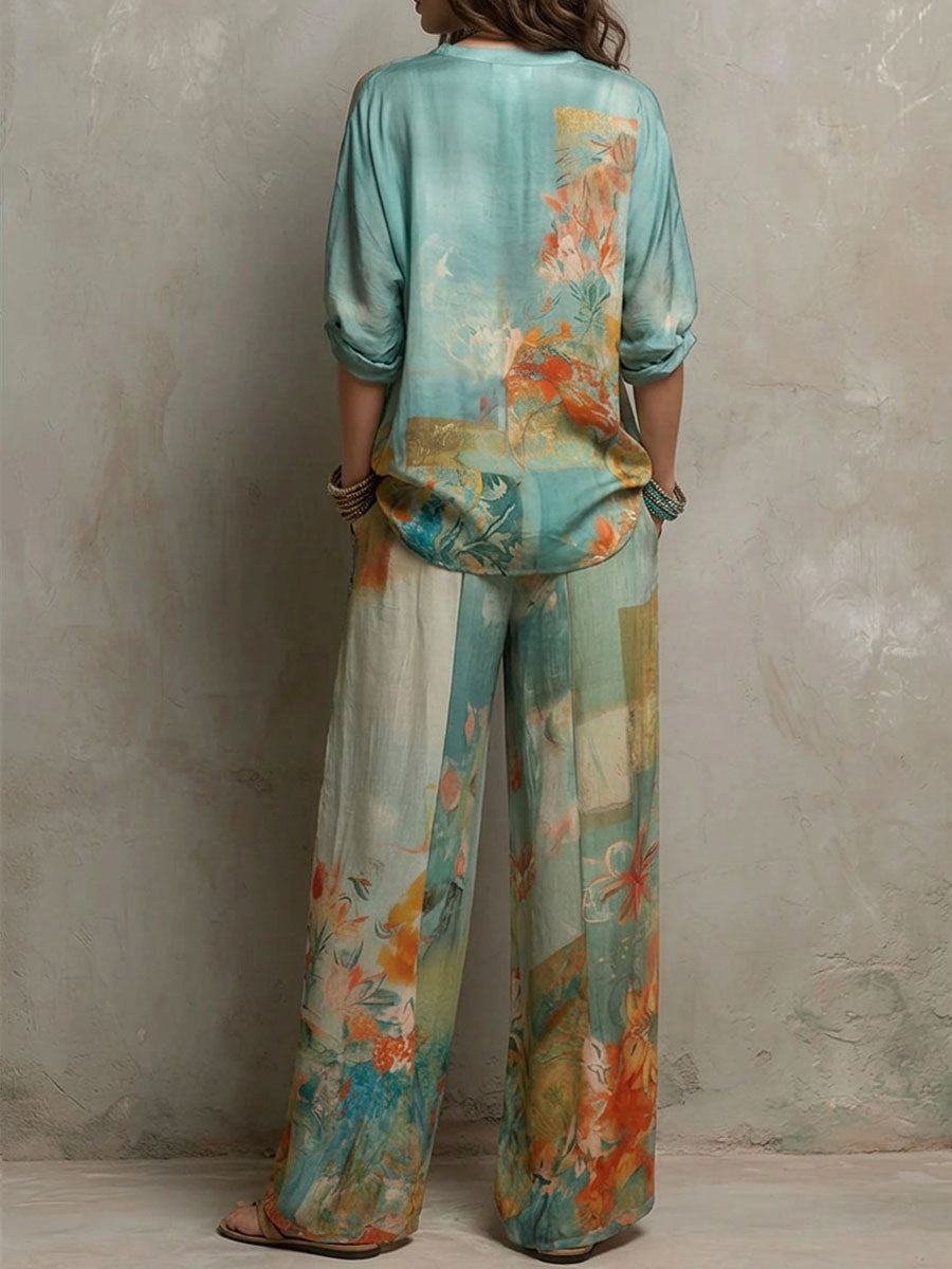 Claire | Completo elegante con stampa floreale e pantaloni larghi