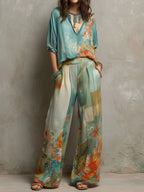 Claire | Completo elegante con stampa floreale e pantaloni larghi