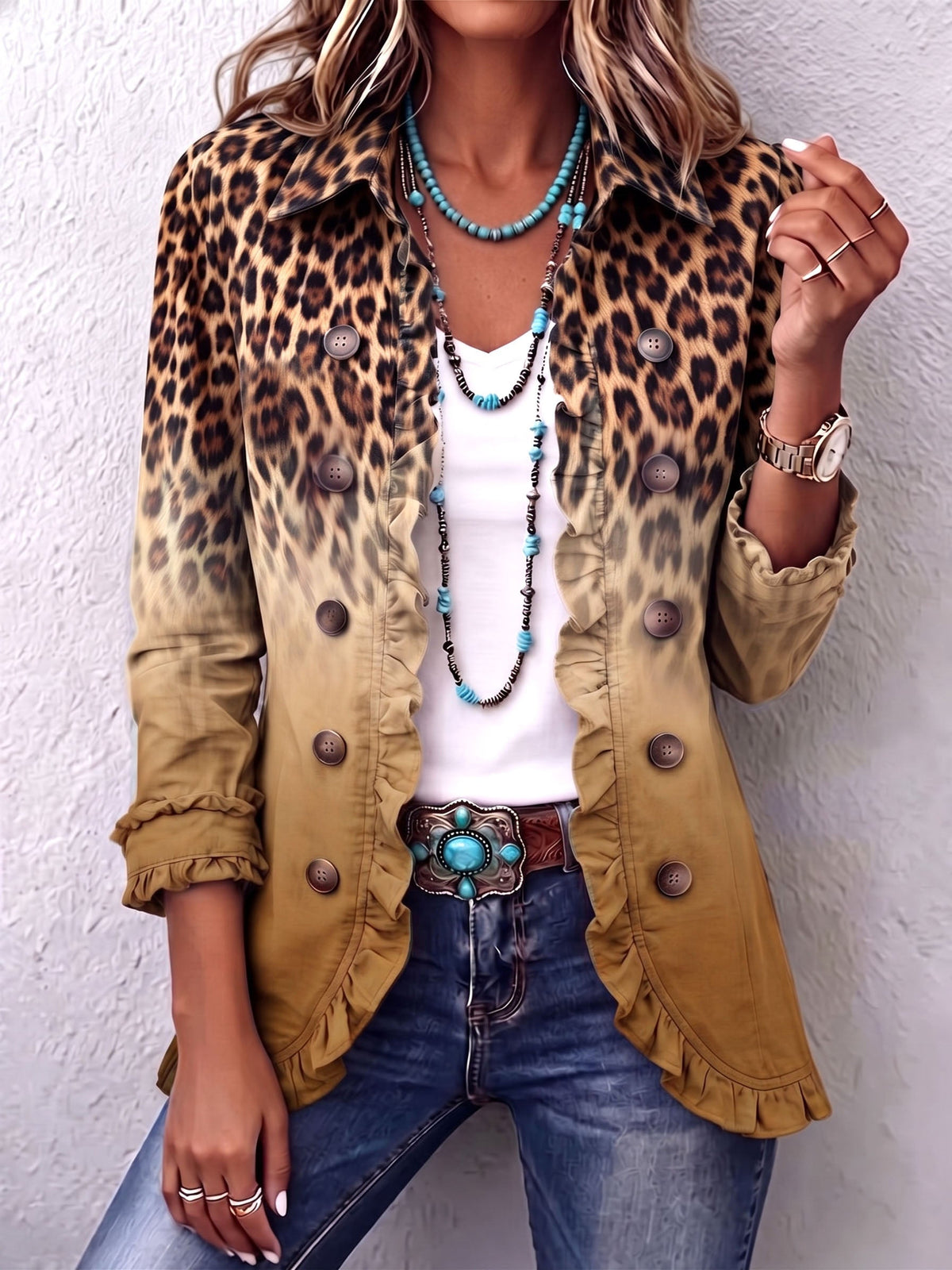 Paule | Blazer Leopardo Sfumato Ocre con Volant