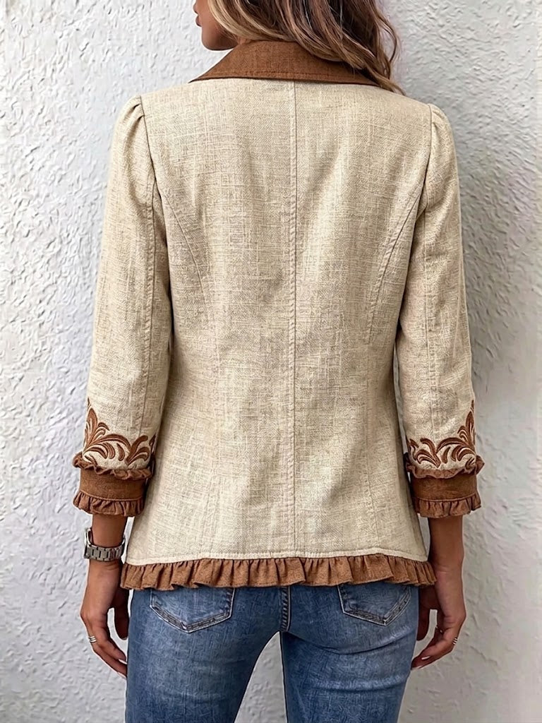 Octavie | Giacca Bohémien Floreale Vintage Cammello e Marrone con Volant