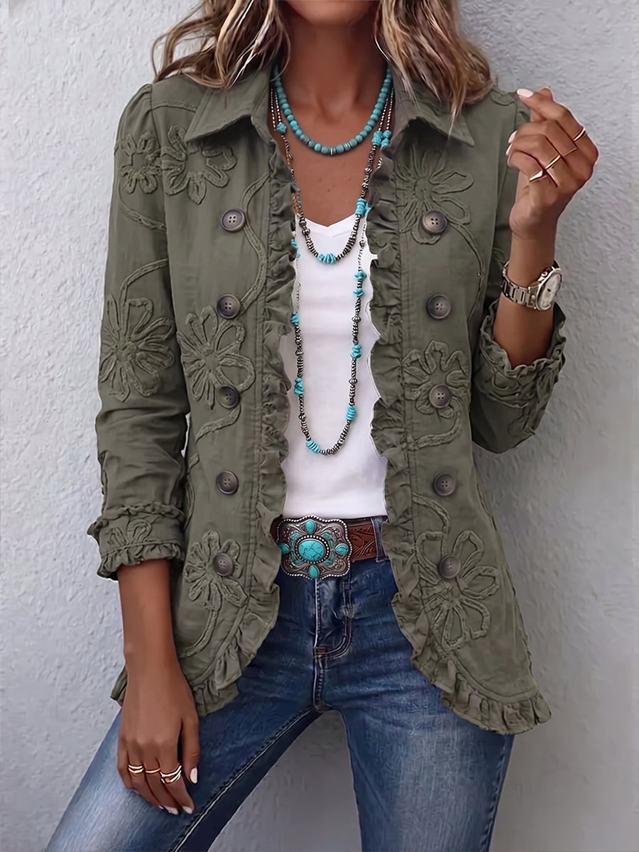 Alexandrine | Giacca Bohémien-Chic Ricamata di Fiori Verde Retro e Finiture Arricciate