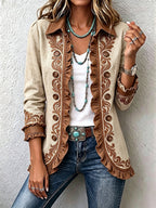 Octavie | Giacca Bohémien Floreale Vintage Cammello e Marrone con Volant