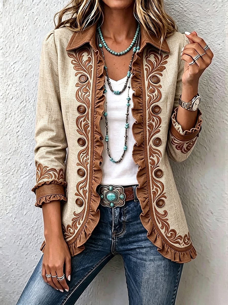 Octavie | Giacca Bohémien Floreale Vintage Cammello e Marrone con Volant