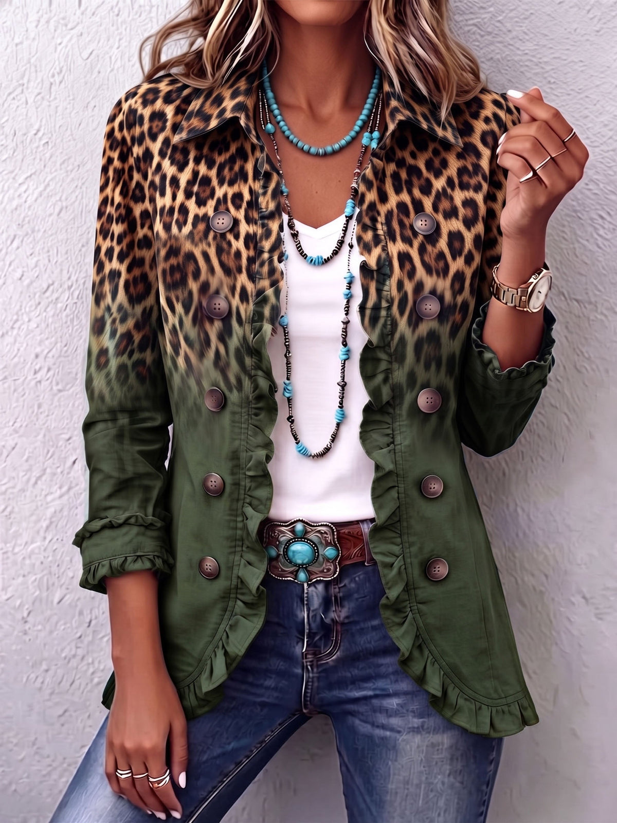 Louise | Blazer Leopardo Sfumato Verde Oliva con Volant