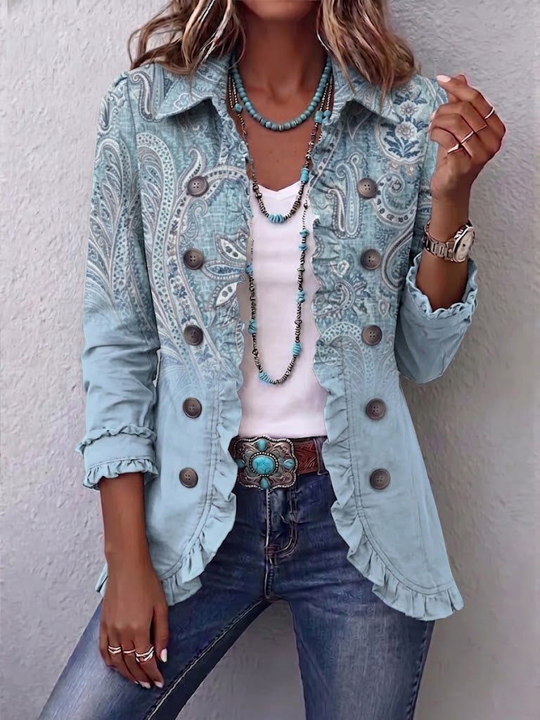 Émilie | Giacca Vintage Paisley Blu Cielo con Volant
