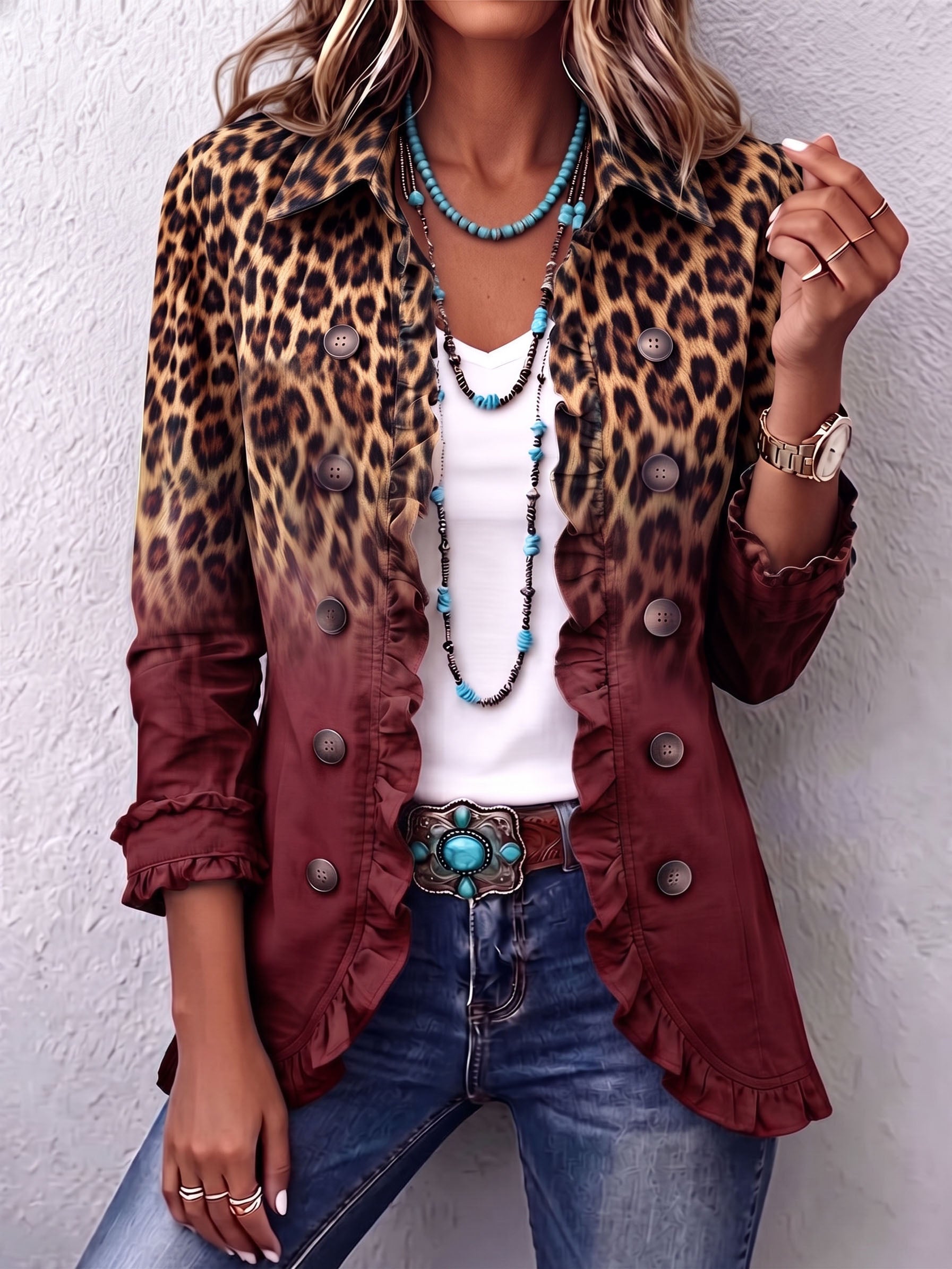 Olivia | Blazer Leopardo Gradiente Bordeaux con Volant