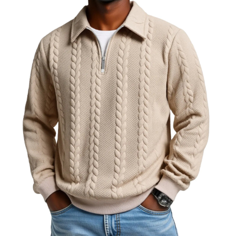 Maglione Classico da Uomo con Mezza Zip - Maglione a Maglia con Motivo a Treccia